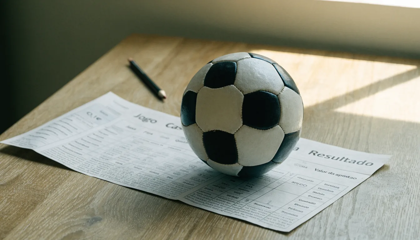 Uma bola de futebol pousada sobre um talão de apostas em branco numa mesa de madeira, à luz do dia