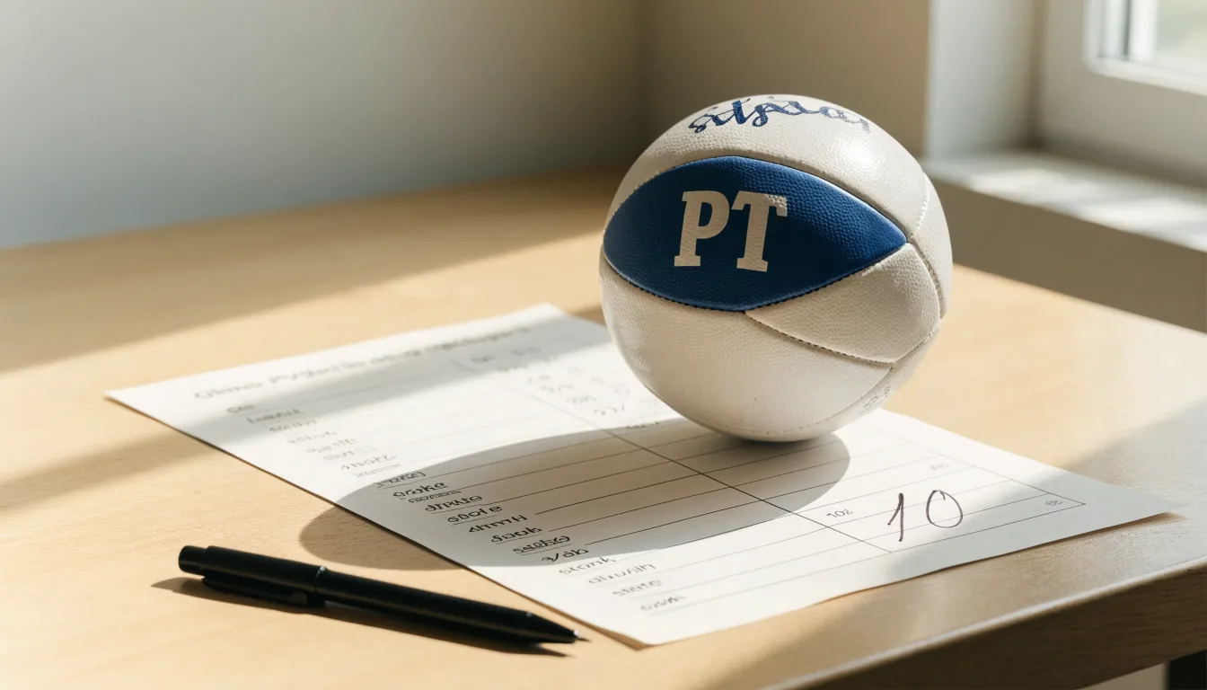 Uma bola de futebol pousada sobre um talão de apostas em branco numa mesa de madeira, à luz do dia