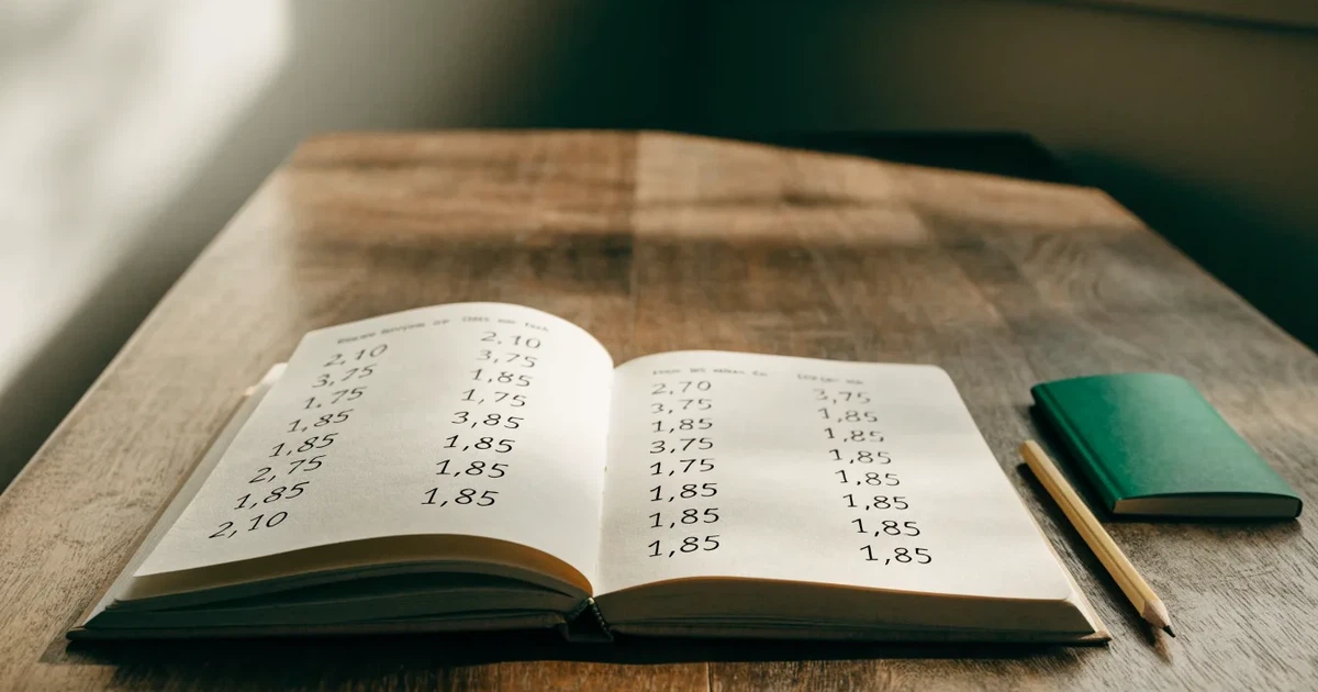 Um caderno aberto com cotas escritas à mão, uma calculadora e um lápis sobre uma mesa de madeira