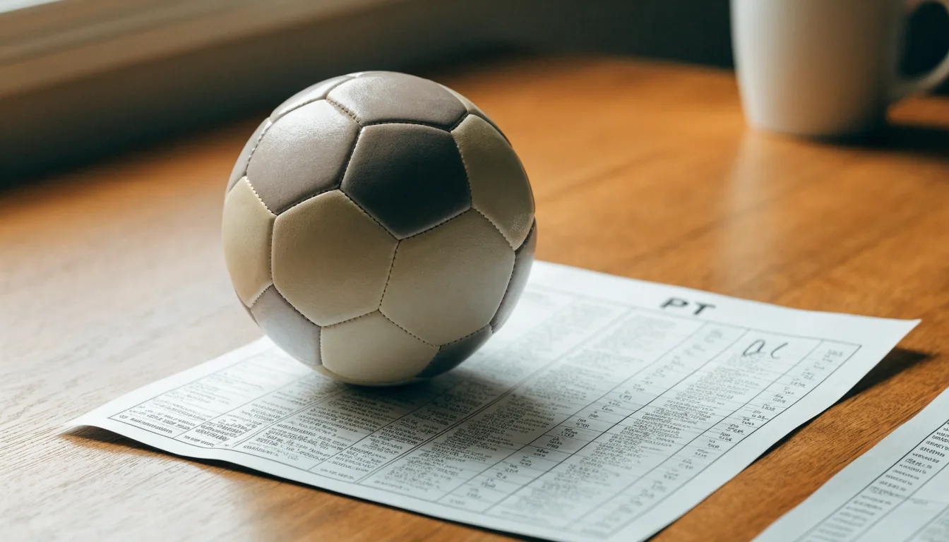 Uma bola de futebol pousada sobre um talão de apostas em branco numa mesa de madeira, à luz do dia