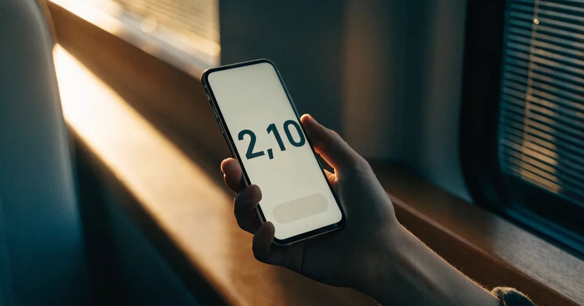 Uma mão a segurar um telemóvel com uma aposta no ecrã, num comboio ao fim da tarde