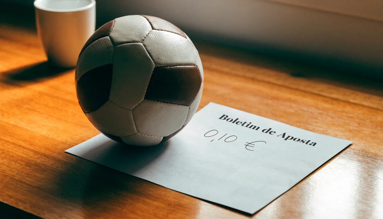 Uma bola de futebol pousada sobre um talão de apostas em branco numa mesa de madeira, à luz do dia