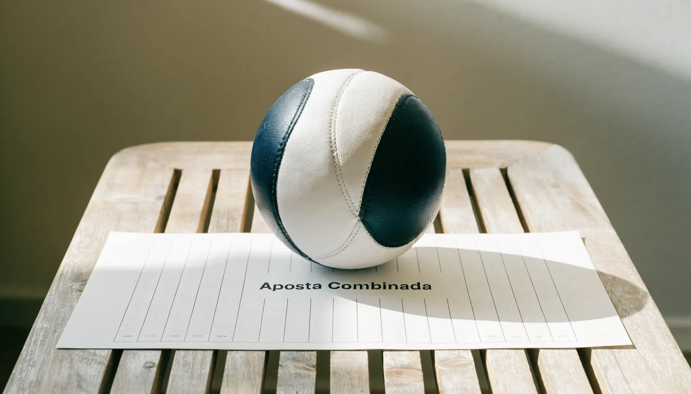 Uma bola de futebol pousada sobre um talão de apostas em branco numa mesa de madeira, à luz do dia
