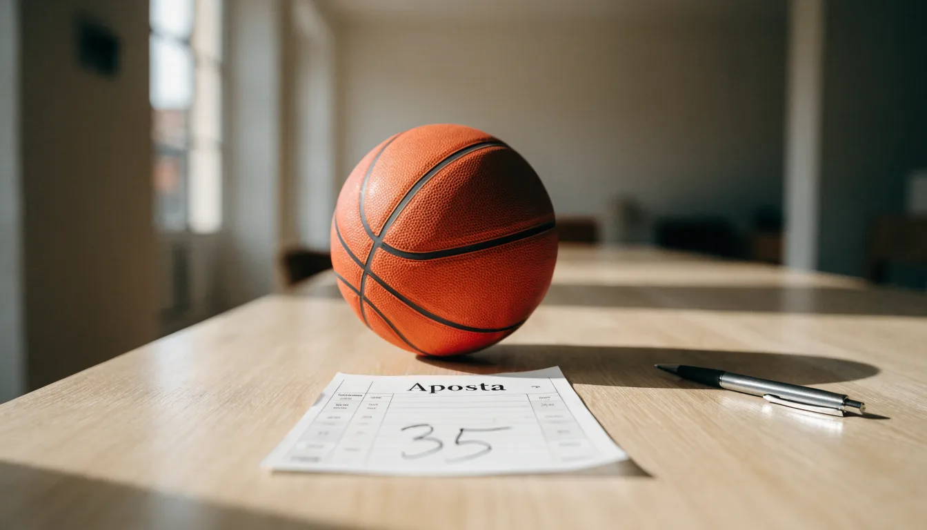 Uma bola de futebol pousada sobre um talão de apostas em branco numa mesa de madeira, à luz do dia