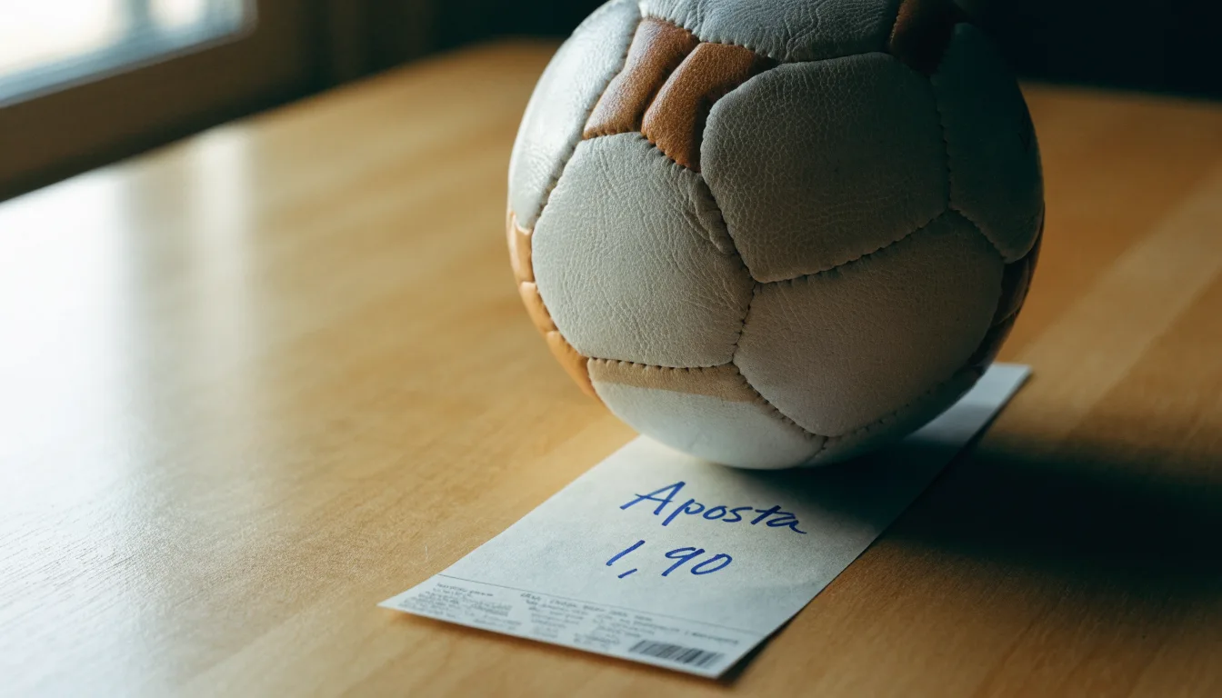 Uma bola de futebol pousada sobre um talão de apostas em branco numa mesa de madeira, à luz do dia