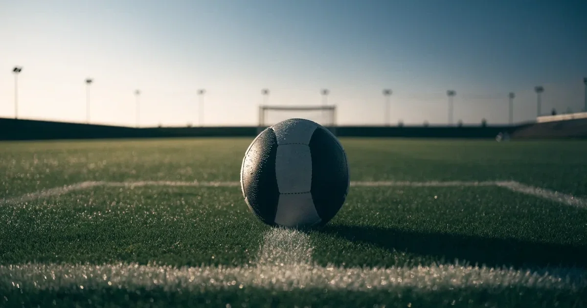 Uma bola de futebol no ponto central de um relvado, à luz da manhã
