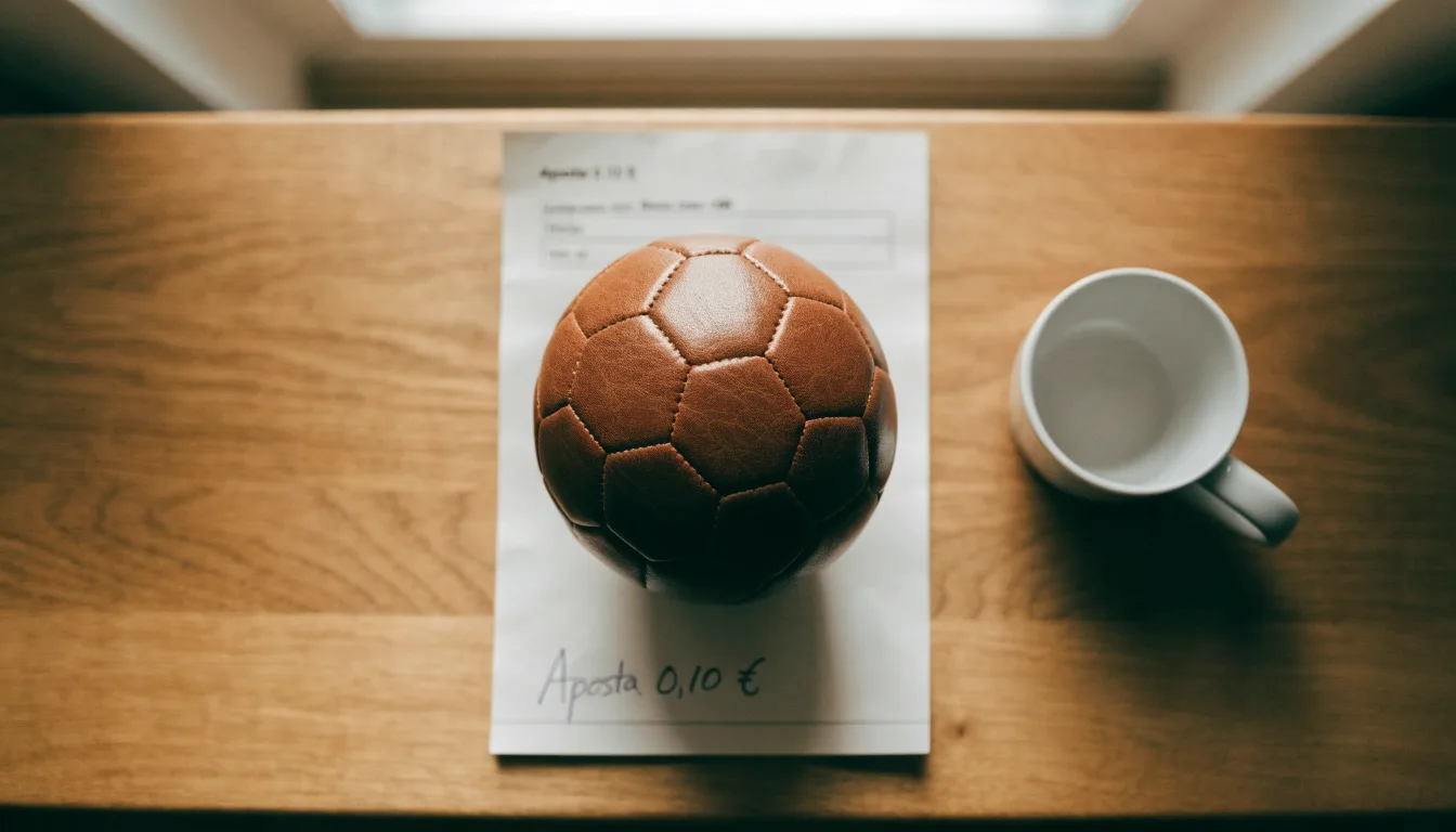 Uma bola de futebol pousada sobre um talão de apostas em branco numa mesa de madeira, à luz do dia