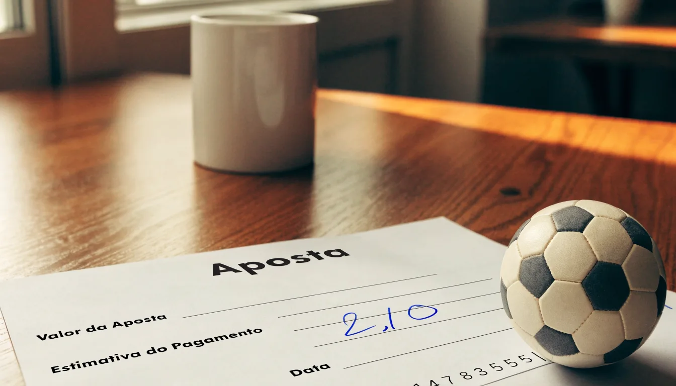 Uma bola de futebol pousada sobre um talão de apostas em branco numa mesa de madeira, à luz do dia