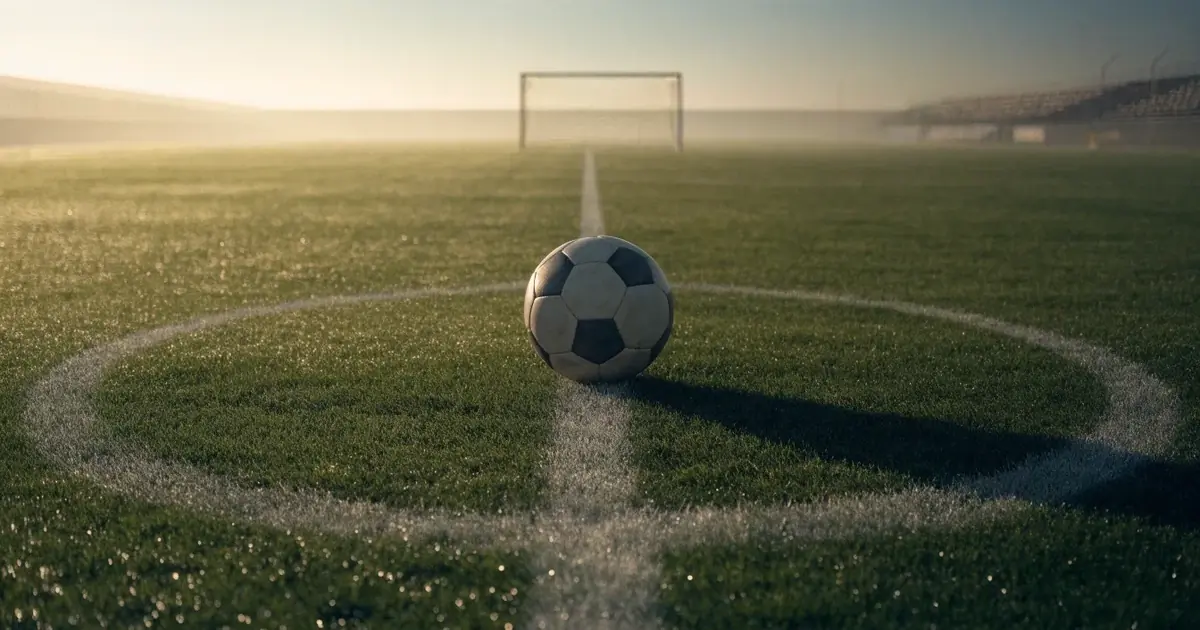 Uma bola de futebol no ponto central de um relvado, à luz da manhã