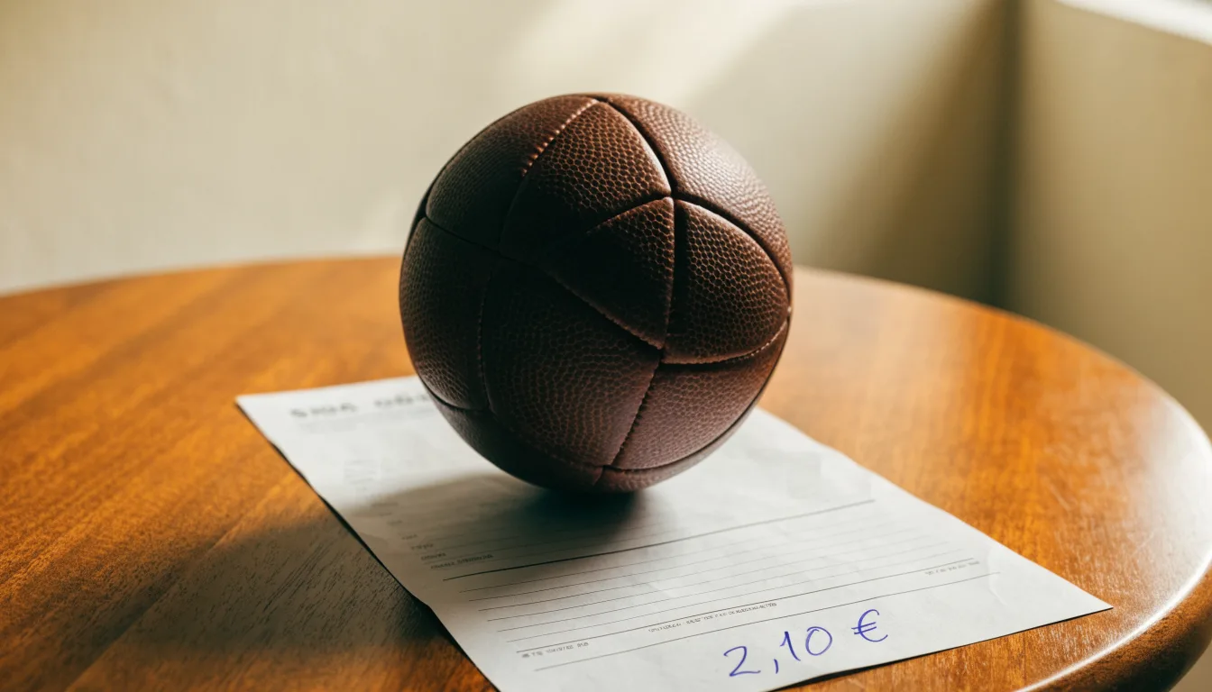 Uma bola de futebol pousada sobre um talão de apostas em branco numa mesa de madeira, à luz do dia