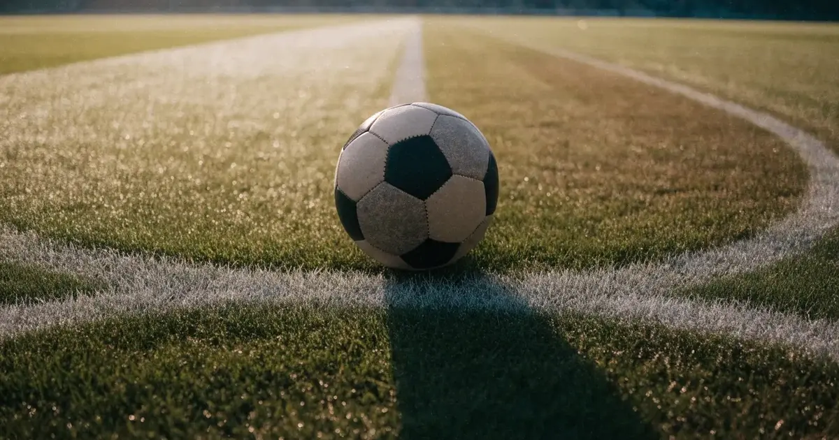 Uma bola de futebol no ponto central de um relvado, à luz da manhã