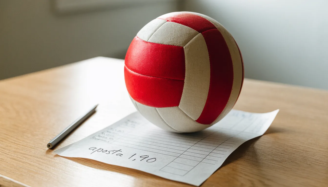 Uma bola de futebol pousada sobre um talão de apostas em branco numa mesa de madeira, à luz do dia