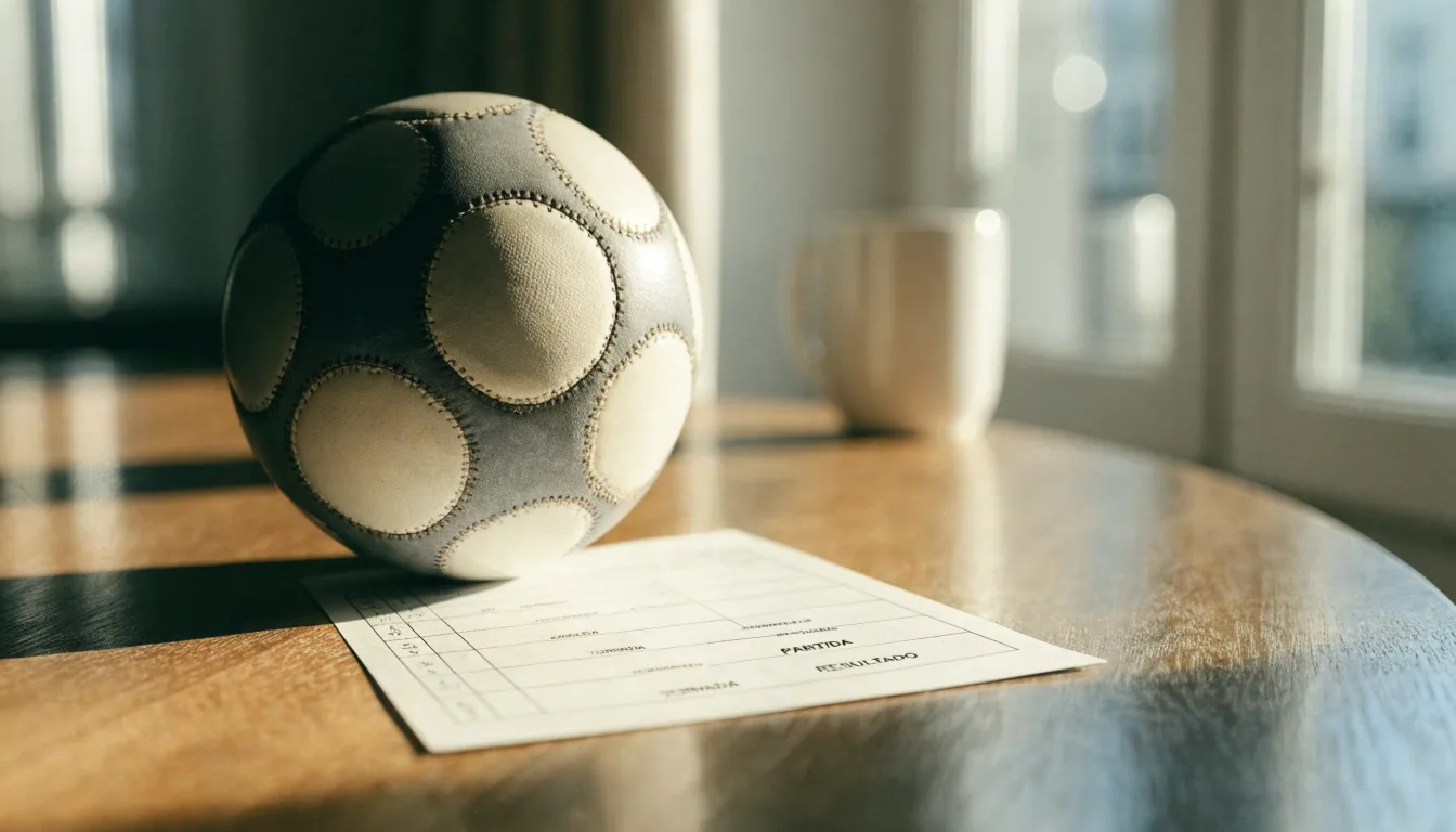 Uma bola de futebol pousada sobre um talão de apostas em branco numa mesa de madeira, à luz do dia