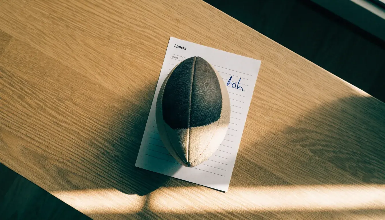 Uma bola de futebol pousada sobre um talão de apostas em branco numa mesa de madeira, à luz do dia