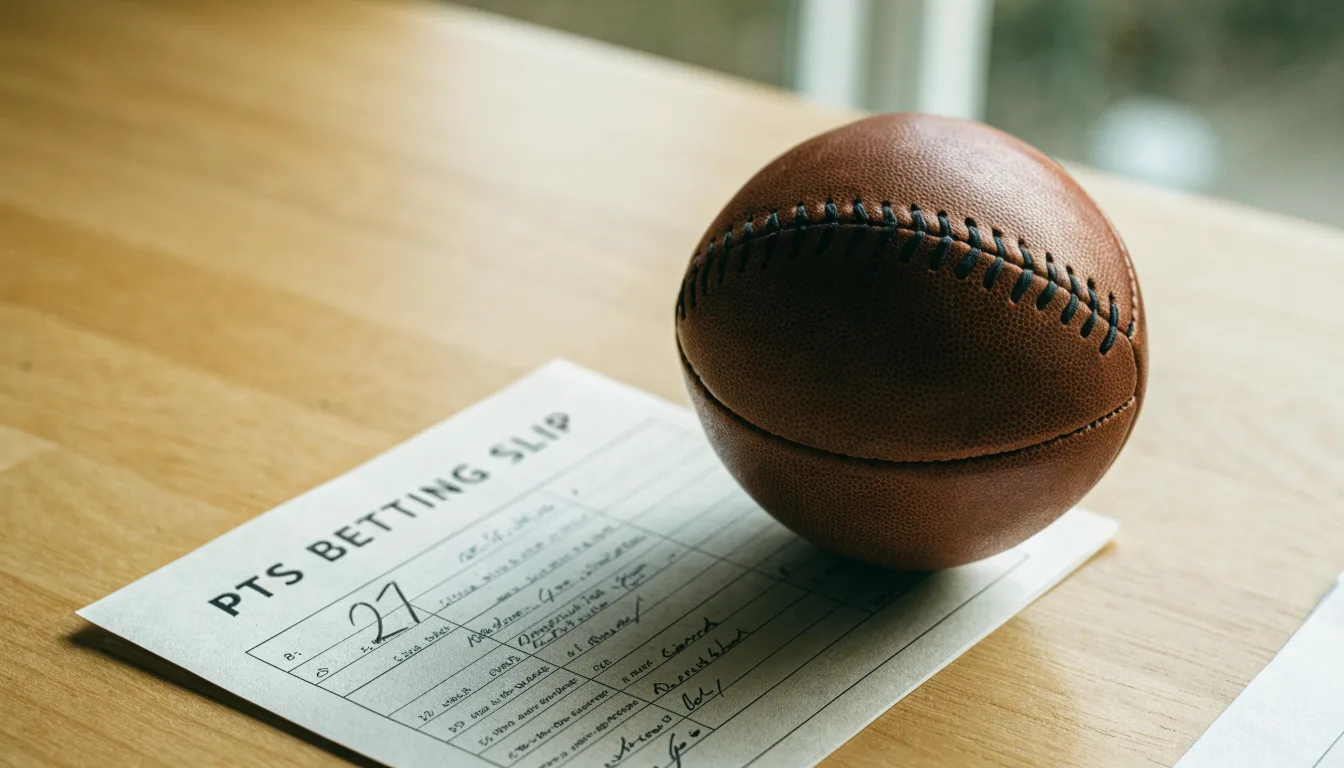 Uma bola de futebol pousada sobre um talão de apostas em branco numa mesa de madeira, à luz do dia