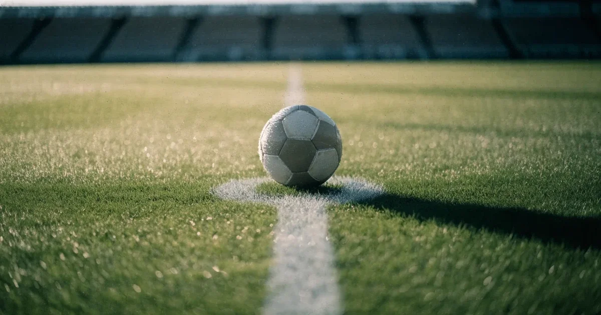 Uma bola de futebol no ponto central de um relvado, à luz da manhã