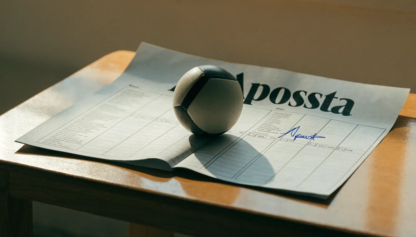Uma bola de futebol pousada sobre um talão de apostas em branco numa mesa de madeira, à luz do dia