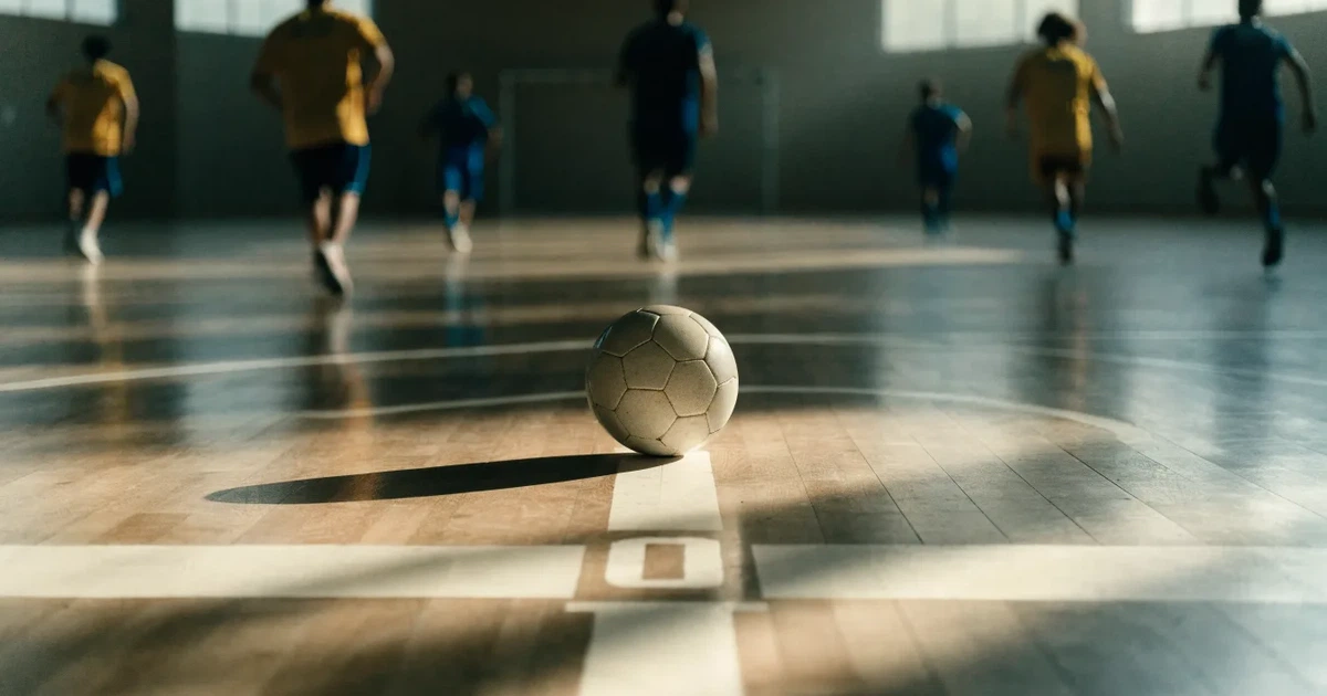 Uma bola de futebol no ponto central de um relvado, à luz da manhã