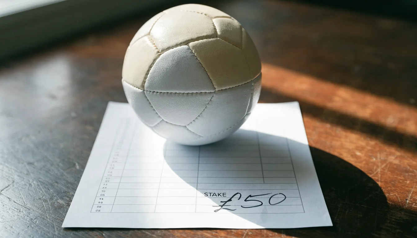 Uma bola de futebol pousada sobre um talão de apostas em branco numa mesa de madeira, à luz do dia