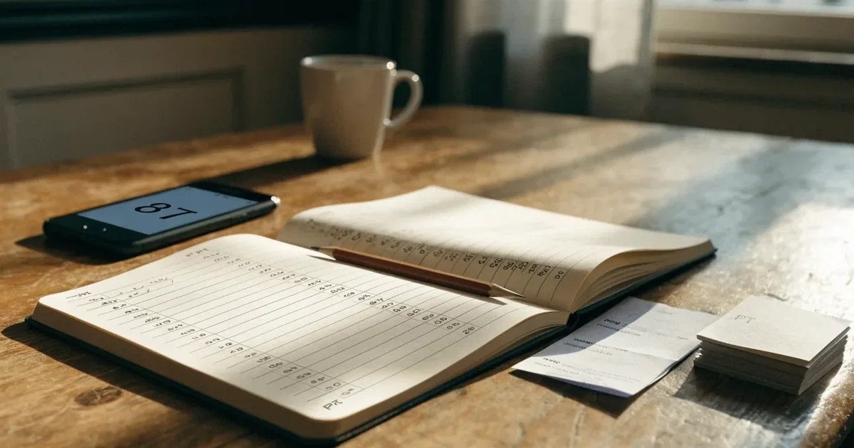 Um caderno aberto com cotas escritas à mão, uma calculadora e um lápis sobre uma mesa de madeira