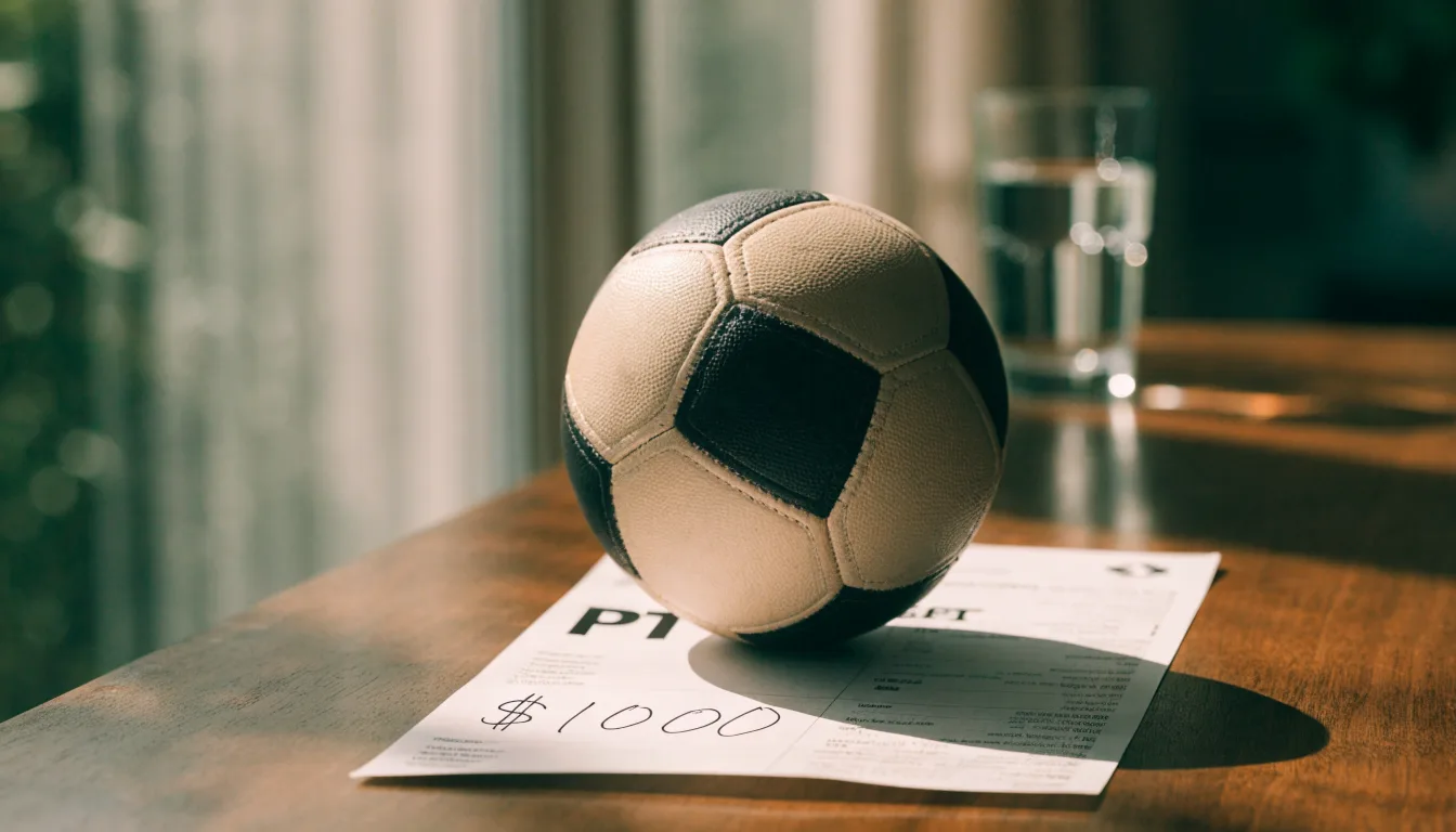 Uma bola de futebol pousada sobre um talão de apostas em branco numa mesa de madeira, à luz do dia