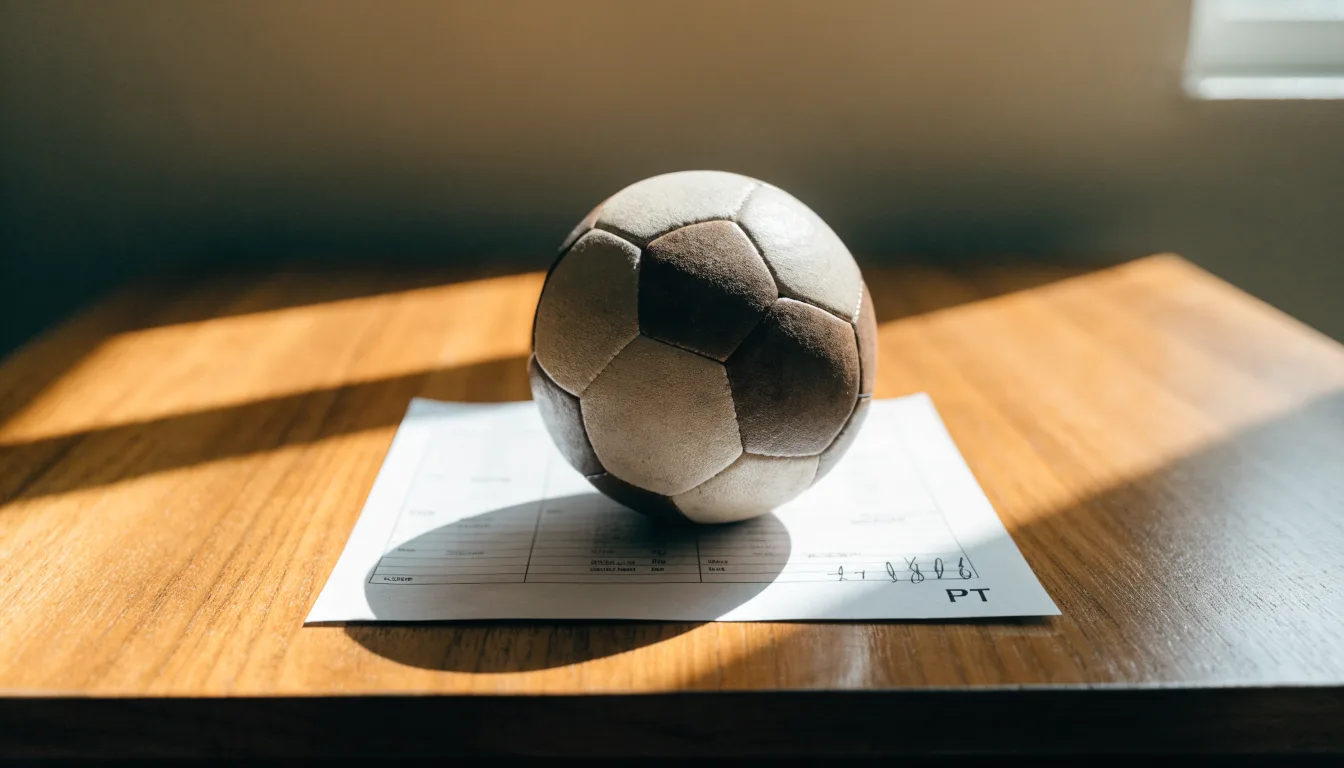 Uma bola de futebol pousada sobre um talão de apostas em branco numa mesa de madeira, à luz do dia