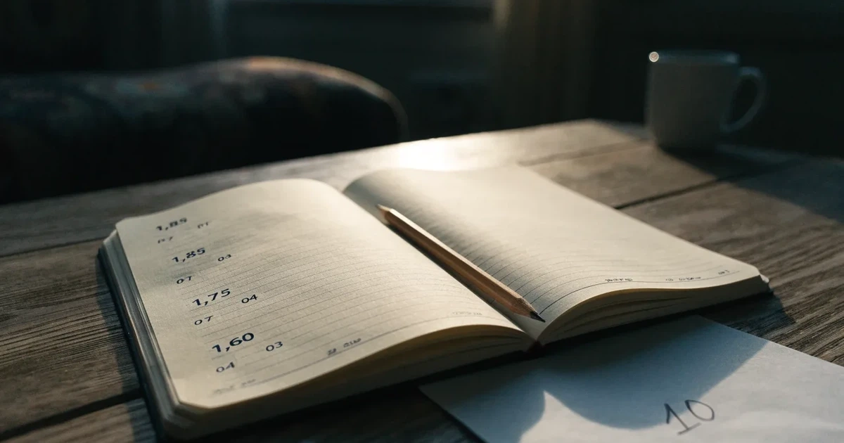 Um caderno aberto com cotas escritas à mão, uma calculadora e um lápis sobre uma mesa de madeira