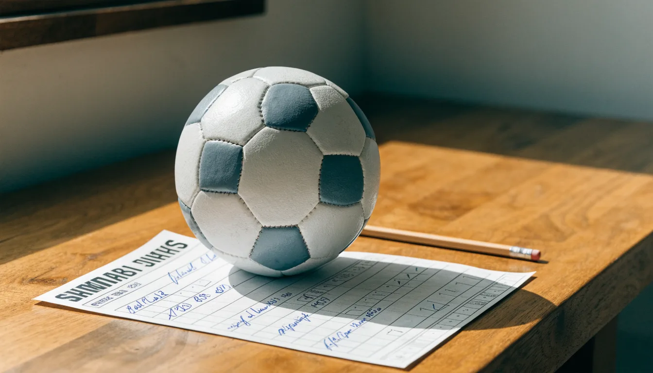 Uma bola de futebol pousada sobre um talão de apostas em branco numa mesa de madeira, à luz do dia