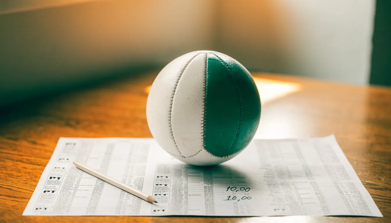 Uma bola de futebol pousada sobre um talão de apostas em branco numa mesa de madeira, à luz do dia