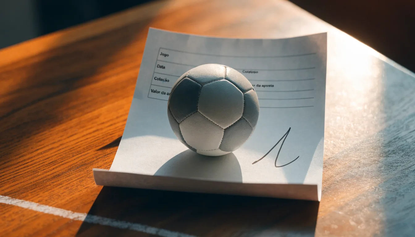 Uma bola de futebol pousada sobre um talão de apostas em branco numa mesa de madeira, à luz do dia