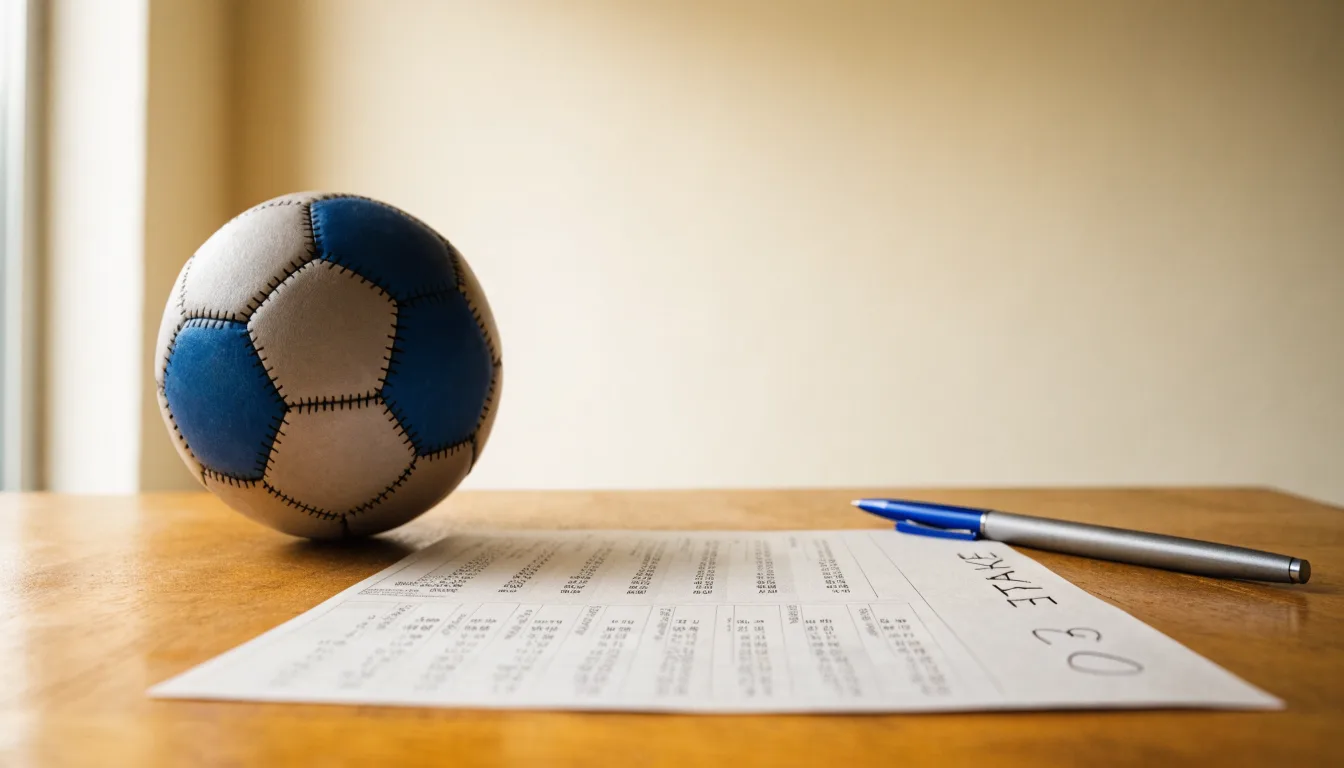 Uma bola de futebol pousada sobre um talão de apostas em branco numa mesa de madeira, à luz do dia