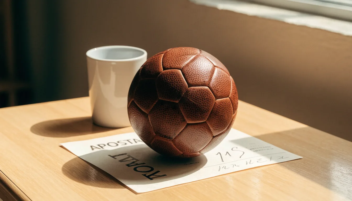 Uma bola de futebol pousada sobre um talão de apostas em branco numa mesa de madeira, à luz do dia