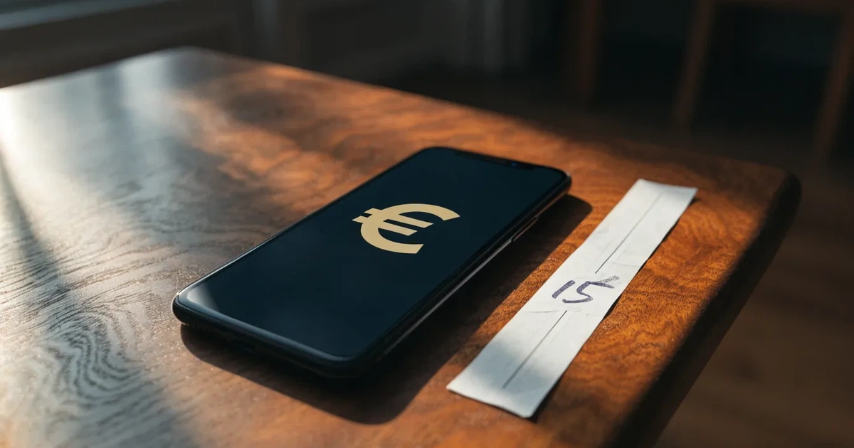 Uma moeda física de bitcoin ao lado de um telemóvel com um talão de aposta no ecrã, sobre uma mesa escura