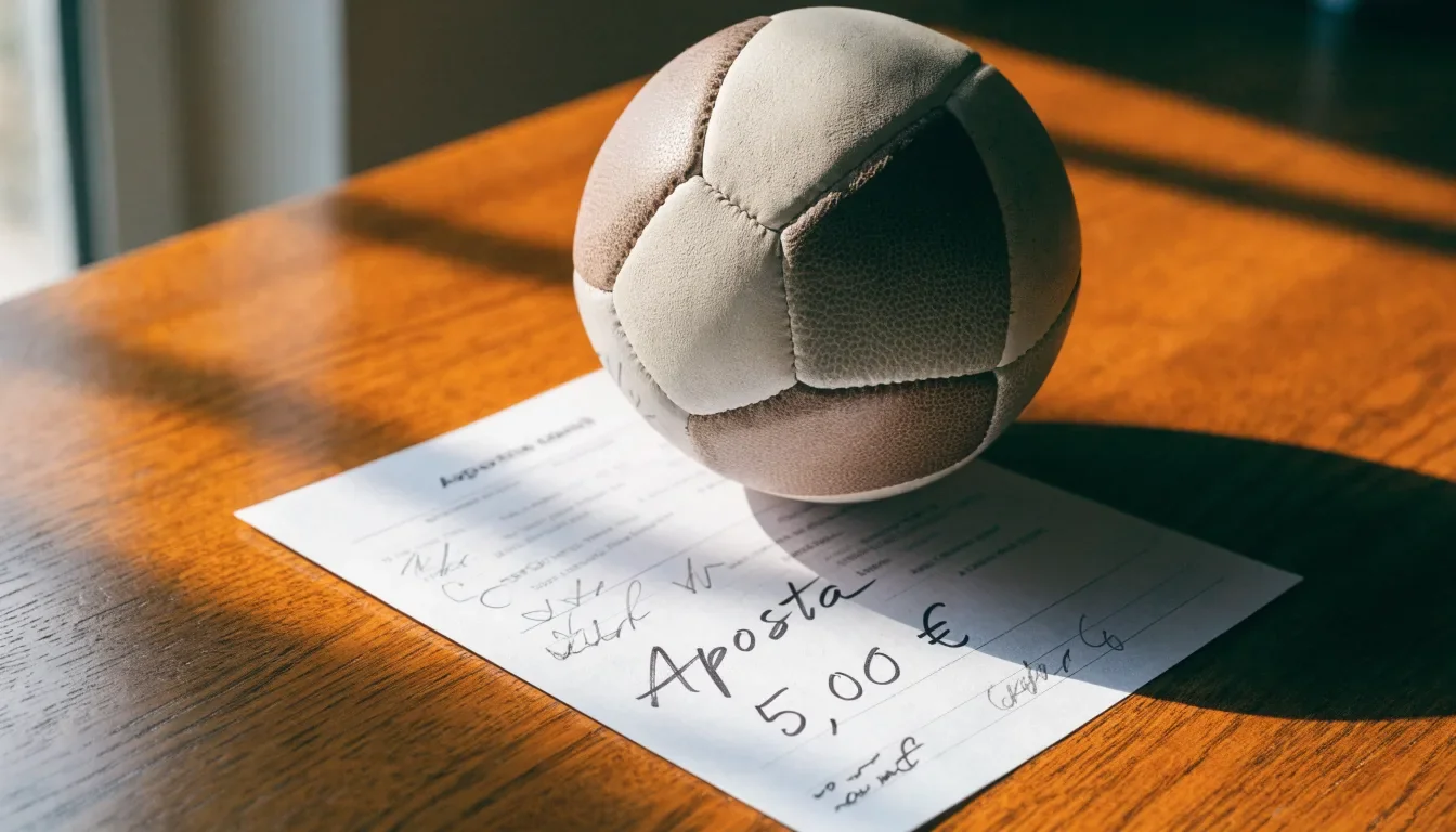 Uma bola de futebol pousada sobre um talão de apostas em branco numa mesa de madeira, à luz do dia