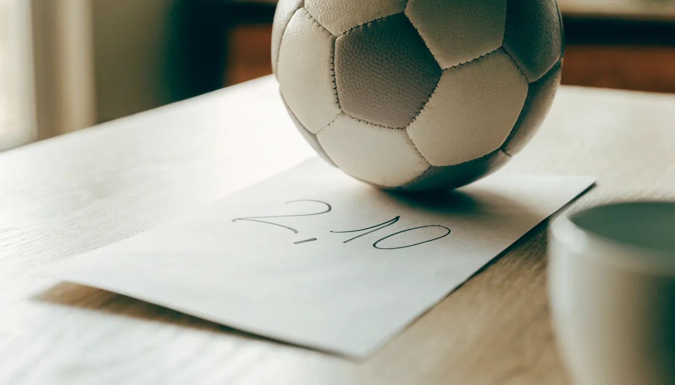 Uma bola de futebol pousada sobre um talão de apostas em branco numa mesa de madeira, à luz do dia