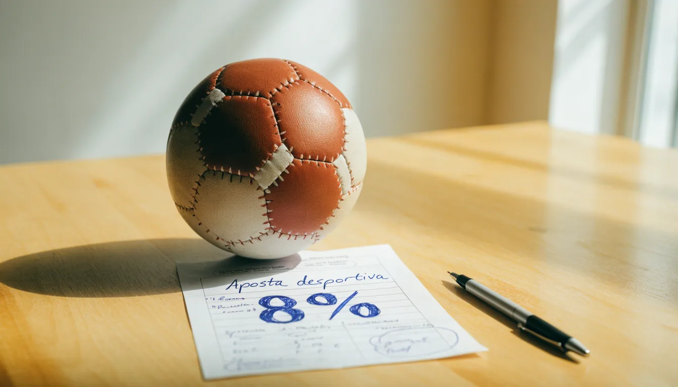 Uma bola de futebol pousada sobre um talão de apostas em branco numa mesa de madeira, à luz do dia