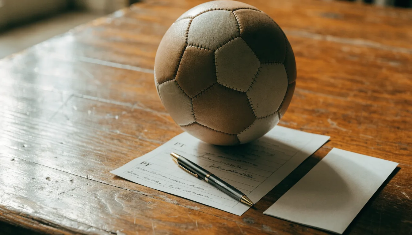 Uma bola de futebol pousada sobre um talão de apostas em branco numa mesa de madeira, à luz do dia