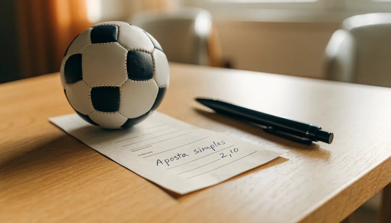 Uma bola de futebol pousada sobre um talão de apostas em branco numa mesa de madeira, à luz do dia