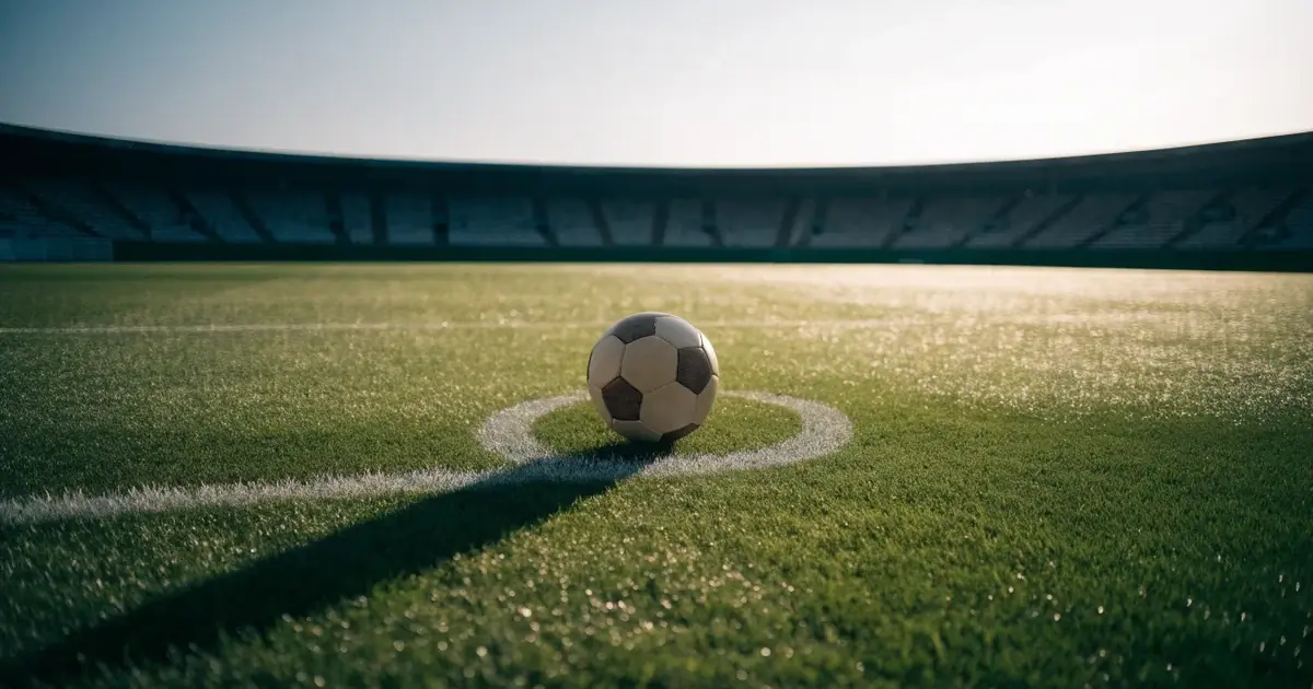 Uma bola de futebol no ponto central de um relvado, à luz da manhã