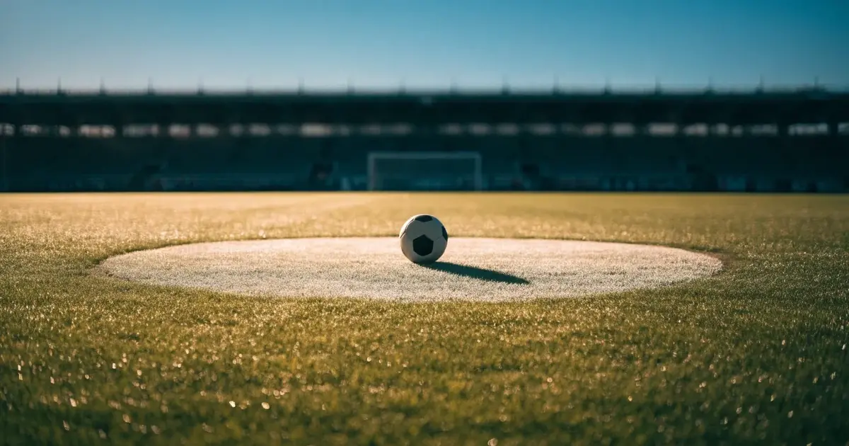 Uma bola de futebol no ponto central de um relvado, à luz da manhã